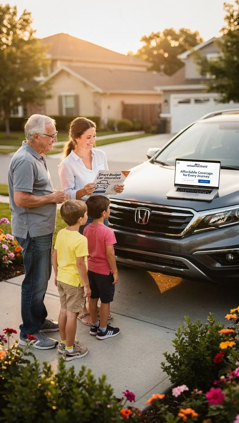 Rodzina podróżująca samochodem, ciesząca się spokojem dzięki ochronie ubezpieczeniowej.
