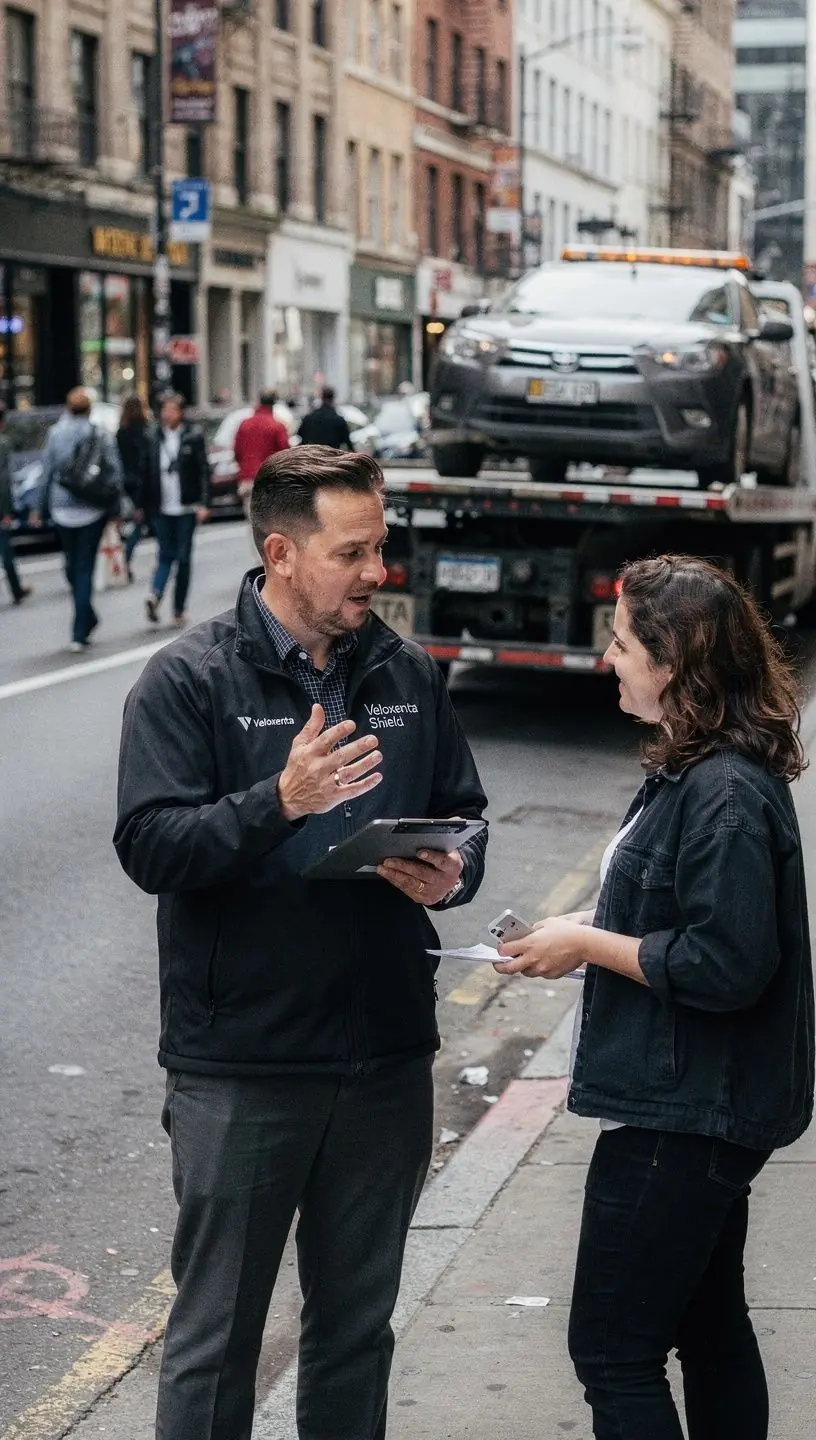 Zadowolony kierowca z ubezpieczeniem samochodowym stojący obok swojego pojazdu.